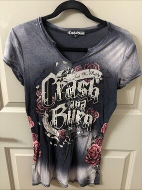 Crash & Burn Black Graphic Tee with Pink Rose Accents